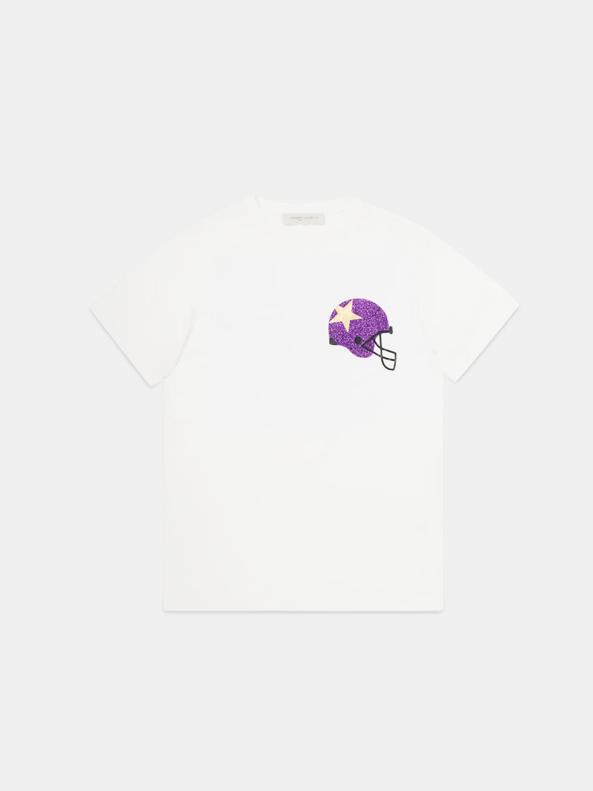 Golden T-shirt with glittery helmet and gold print on the back