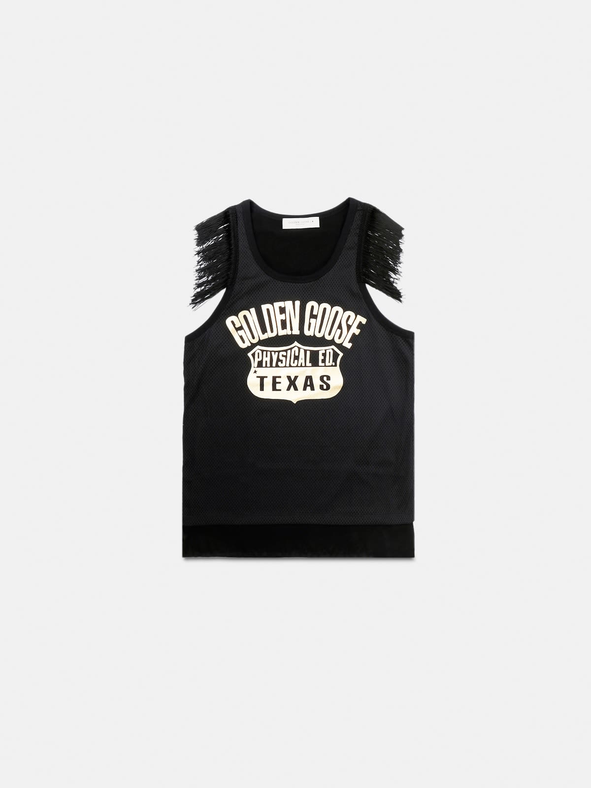 Eva black vest top with gold print and decorative fringing