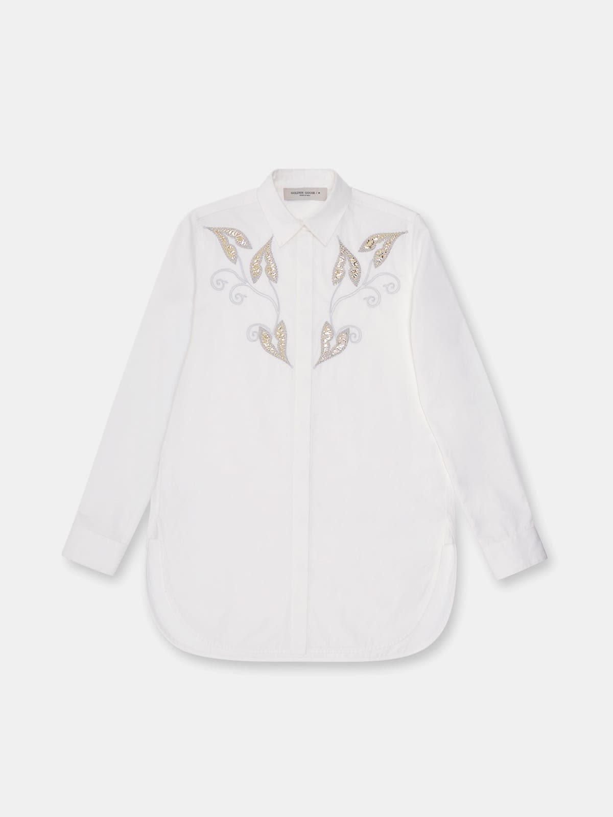Alice popilin shirt in white with gold leaf embroidery
