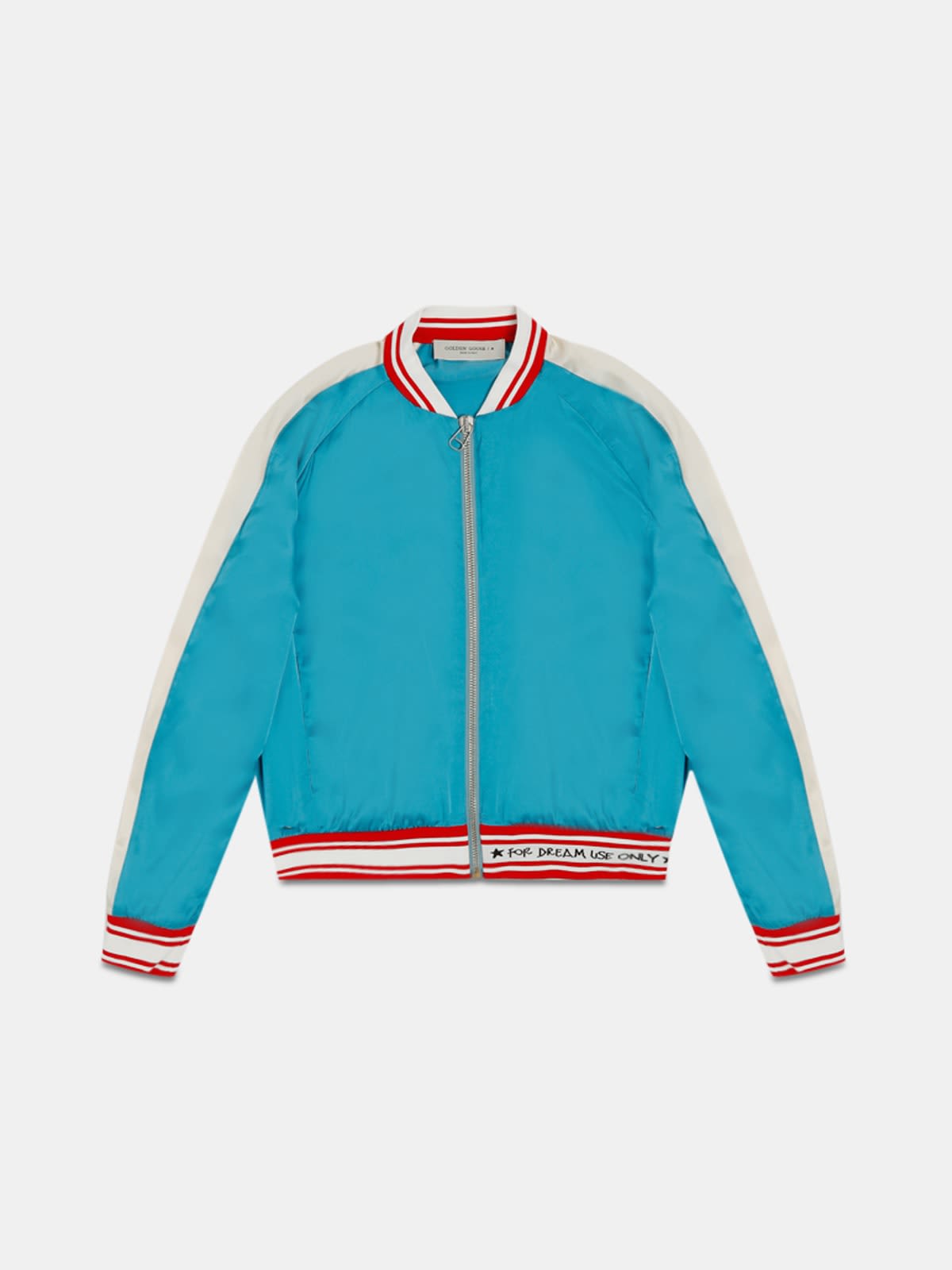 Sophia bomber jacket in blue satin with contrasting side bands