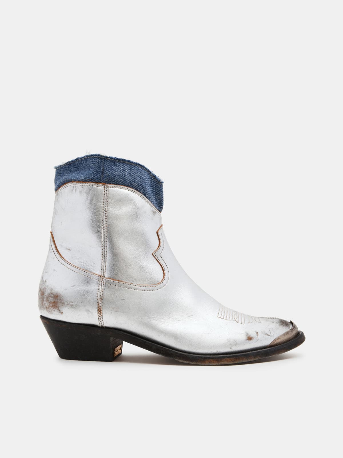 Young ankle boots in silver leather with denim insert