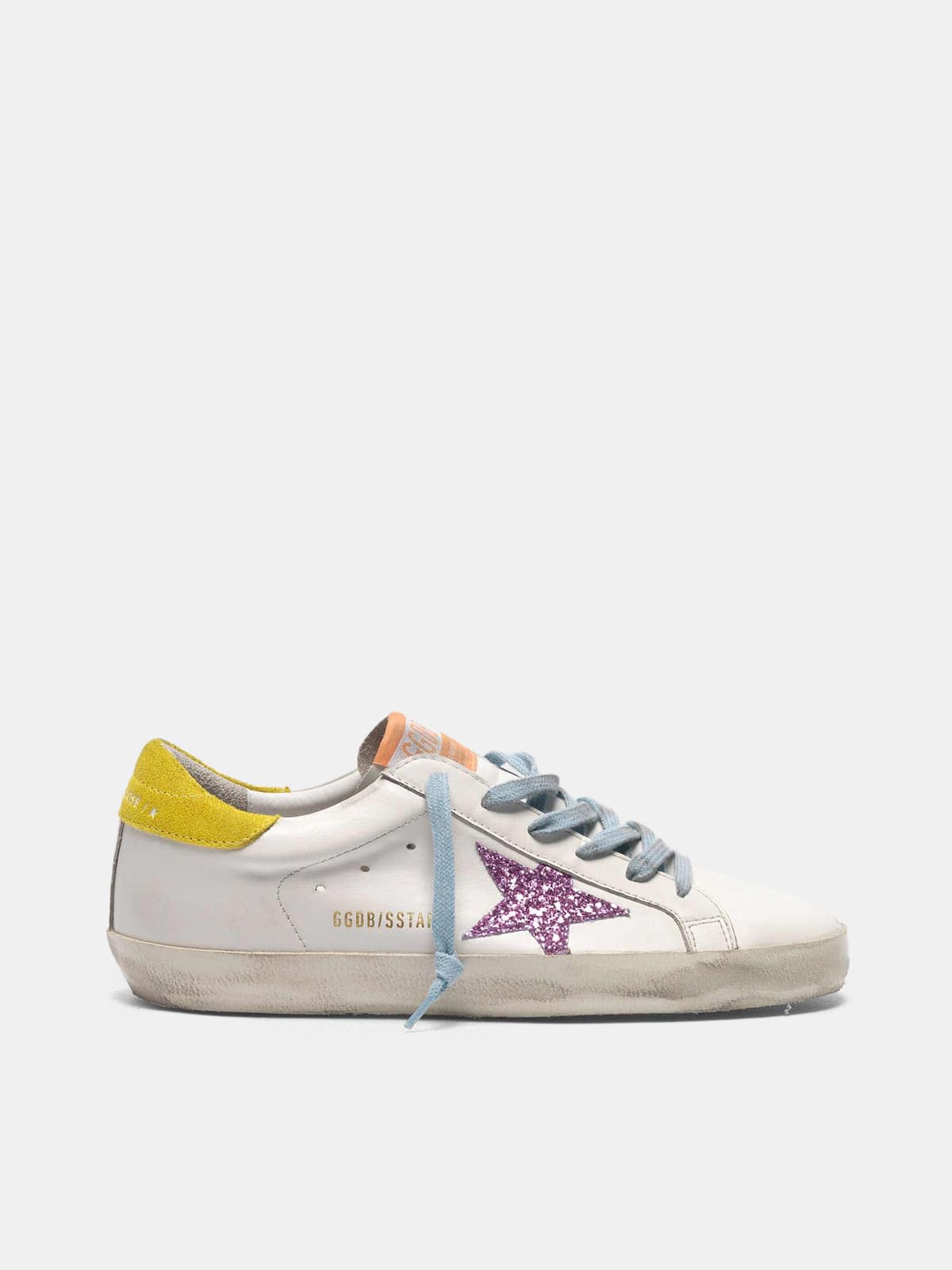 Super-Star sneakers with pink glittery star and yellow heel tab