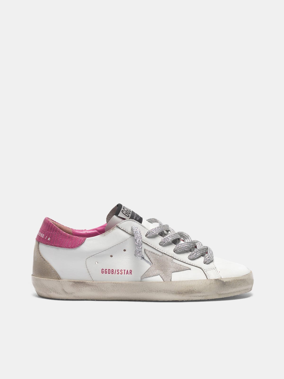 White Super-Star sneakers with fuchsia lizard-print heel tab