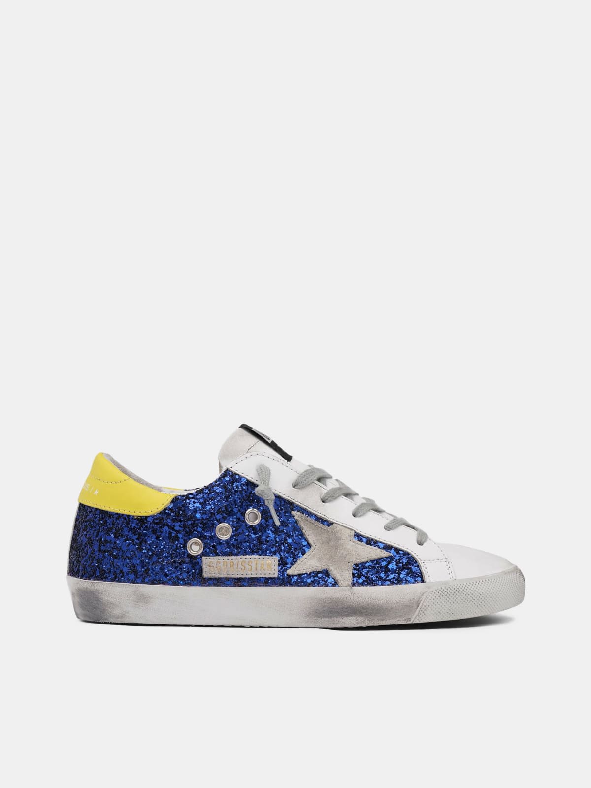 Super-Star sneakers with blue glitter and yellow heel tab