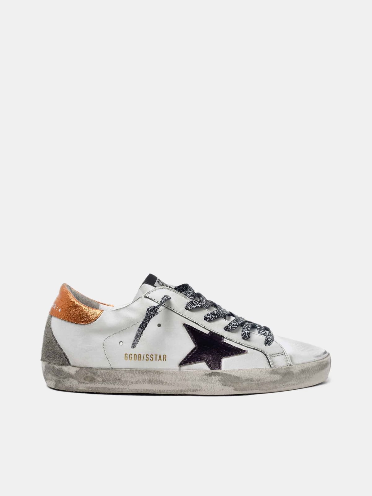 White Super-Star sneakers with black star and leopard-print laces