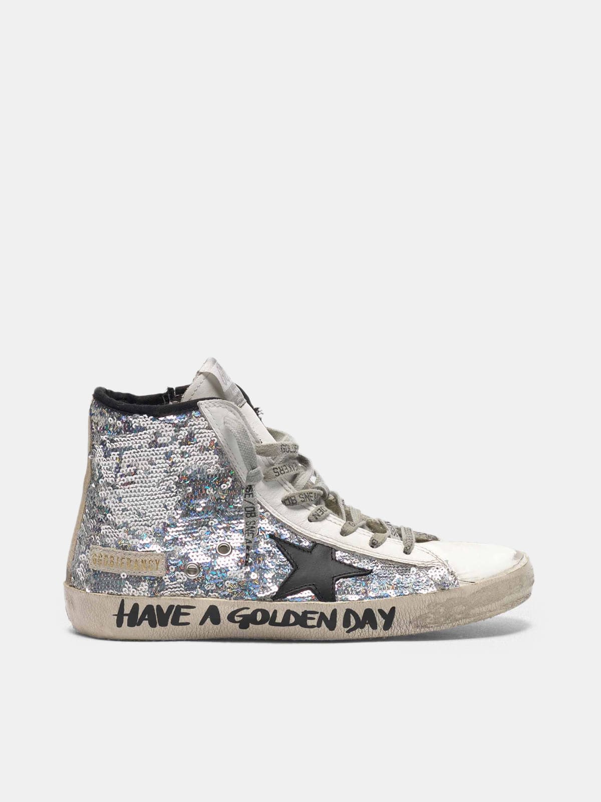 Francy sneakers with silver sequins and handwritten lettering