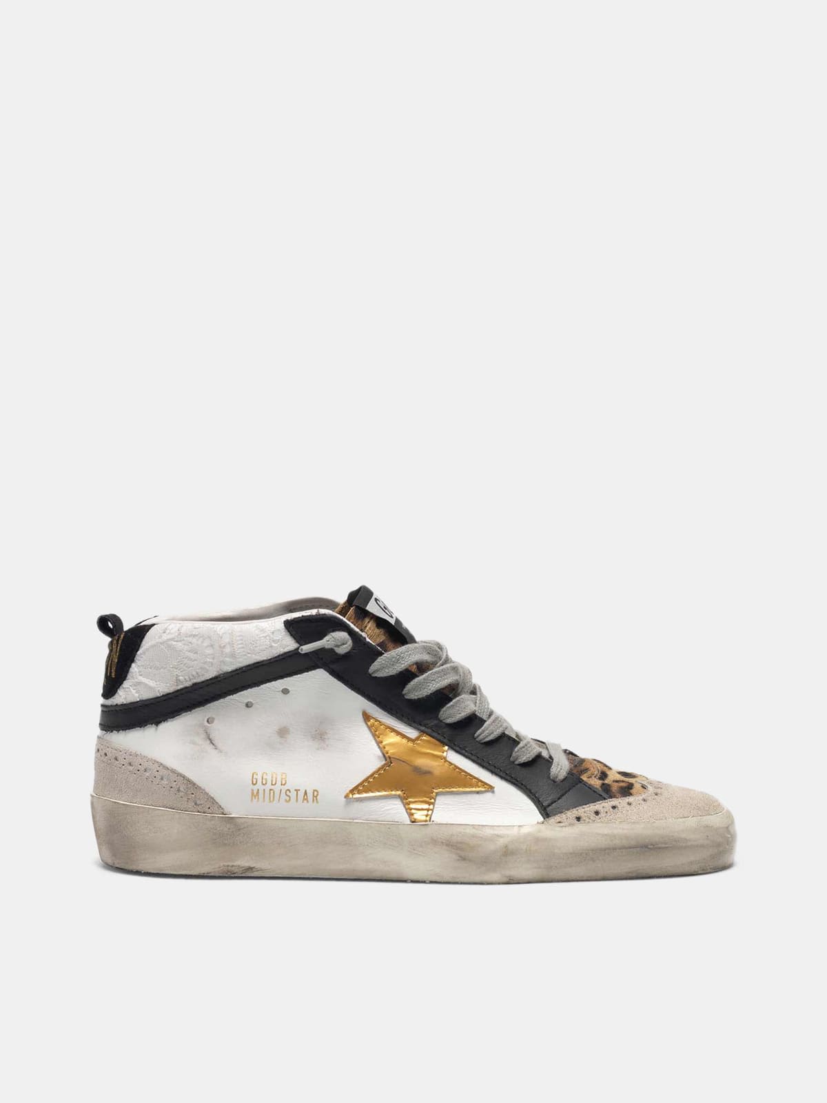 White Mid-Star sneakers with leopard-print pony skin insert