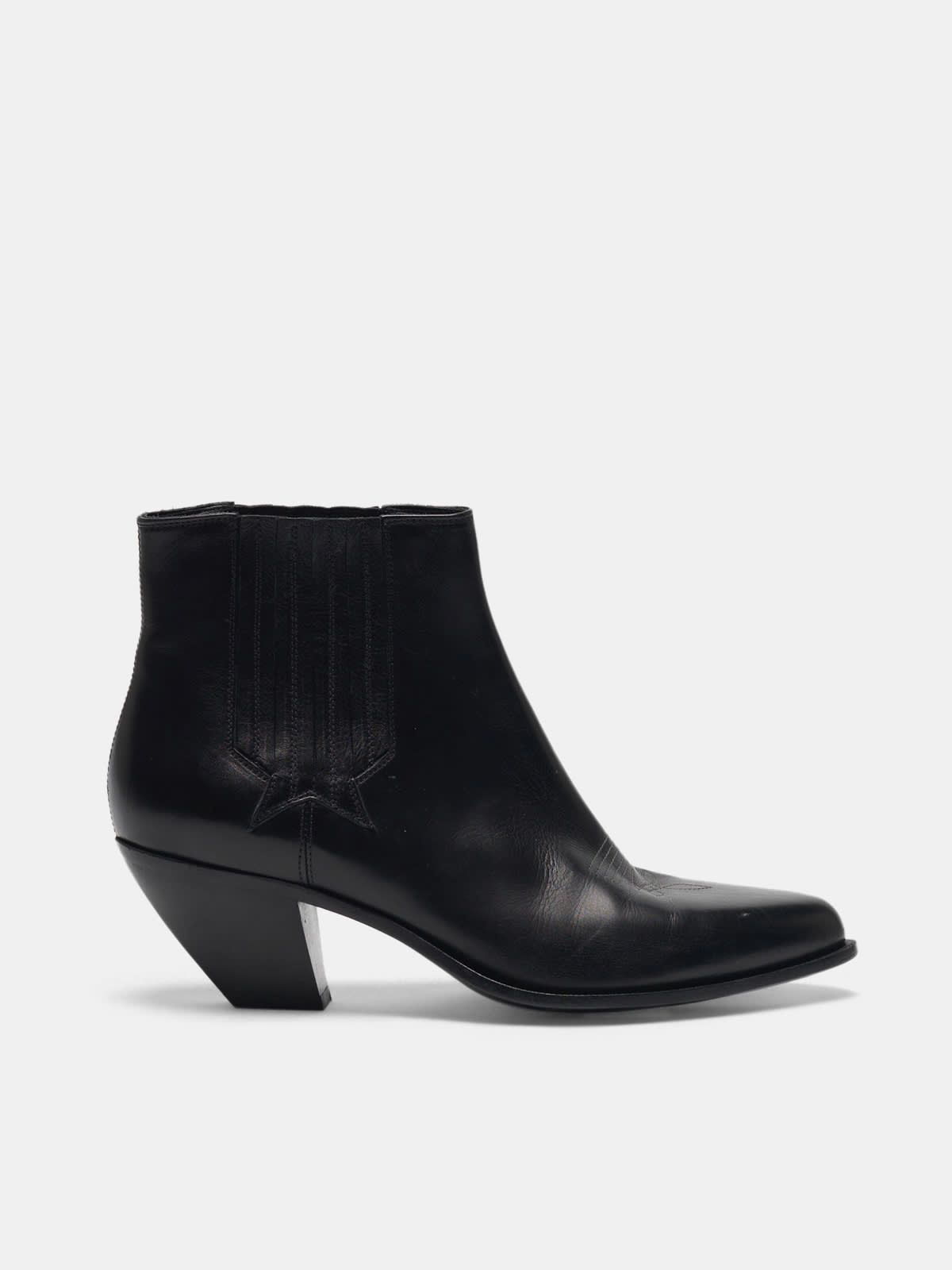 Black Sunset Flowers ankle boots with cowboy-style decoration