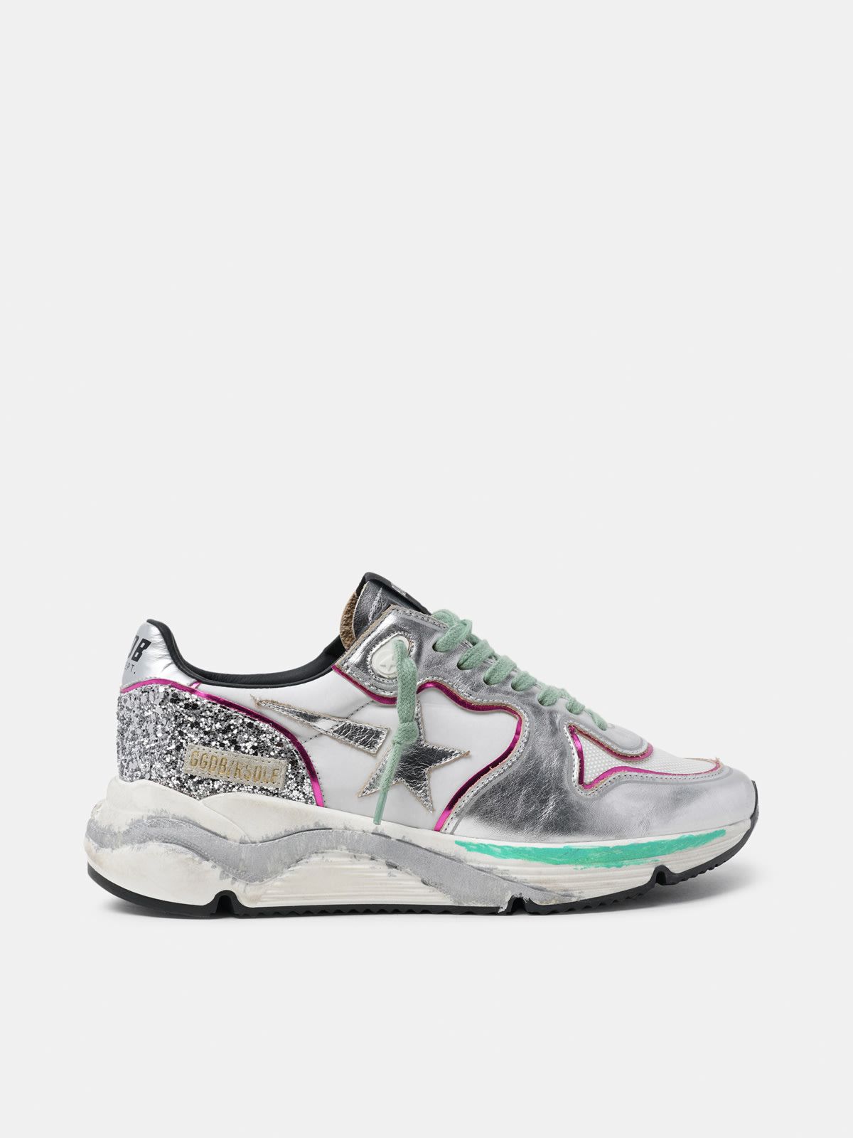 Silver Running Sole sneakers with glitter and fuchsia edging